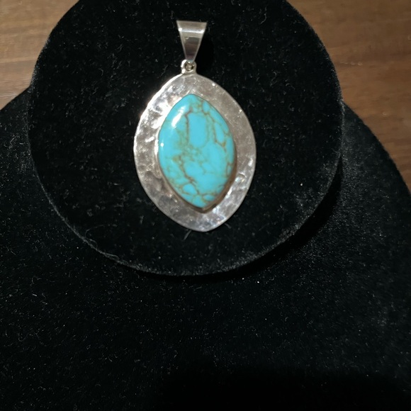 Sterling Silver Mexican Modernist 925 Handcrafted Turquoise Pendant - Picture 2 of 9